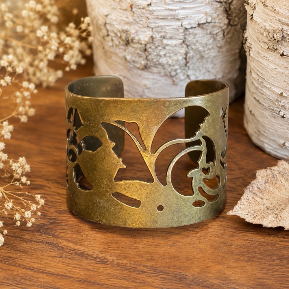 Vintage Brass Butterfly Cutout Cuff Bracelet Boho Nature Statement Jewelry